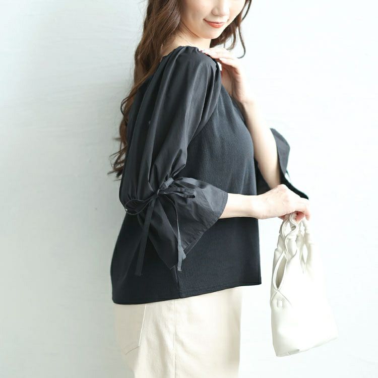 大きいサイズ レディース 異素材リボンキャンディスリーブトップス　zibo-526952 【メール便可】