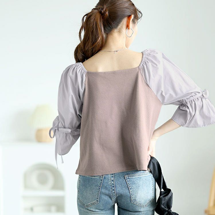 大きいサイズ レディース 異素材リボンキャンディスリーブトップス　zibo-526952 【メール便可】