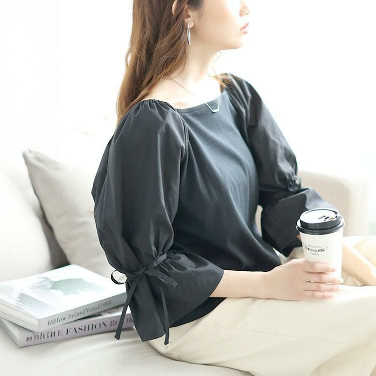 大きいサイズ レディース 異素材リボンキャンディスリーブトップス　zibo-526952 【メール便可】 ブラック