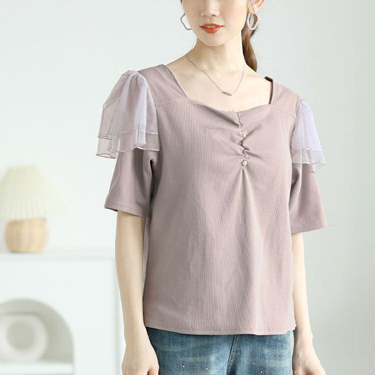 大きいサイズ レディース 肩フリルシャーリングハートネックトップス　zibo-526951 【メール便可】