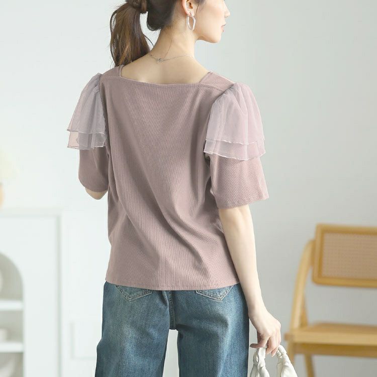 大きいサイズ レディース 肩フリルシャーリングハートネックトップス　zibo-526951 【メール便可】