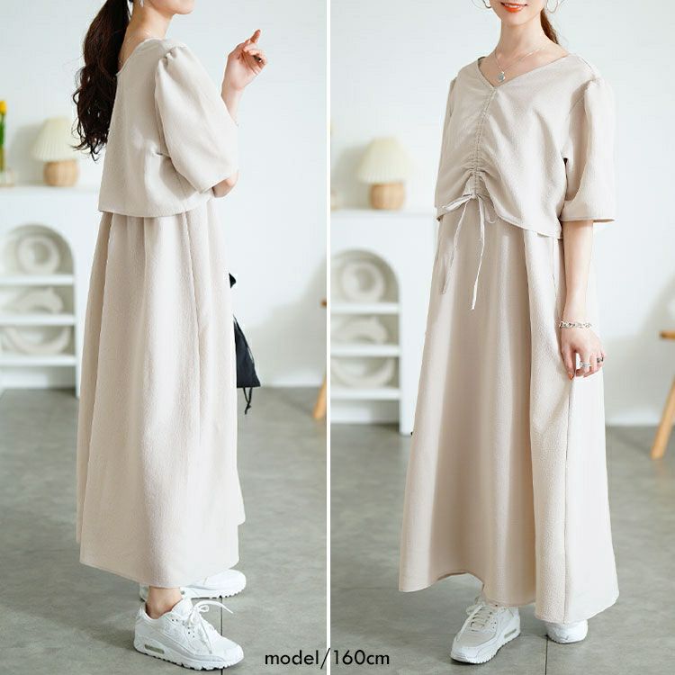 大きいサイズ レディース 前ドロストブラウス＆キャミワンピース2点セット　tani-36529ll