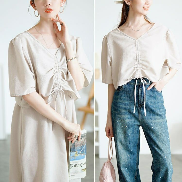 大きいサイズ レディース 前ドロストブラウス＆キャミワンピース2点セット　tani-36529ll