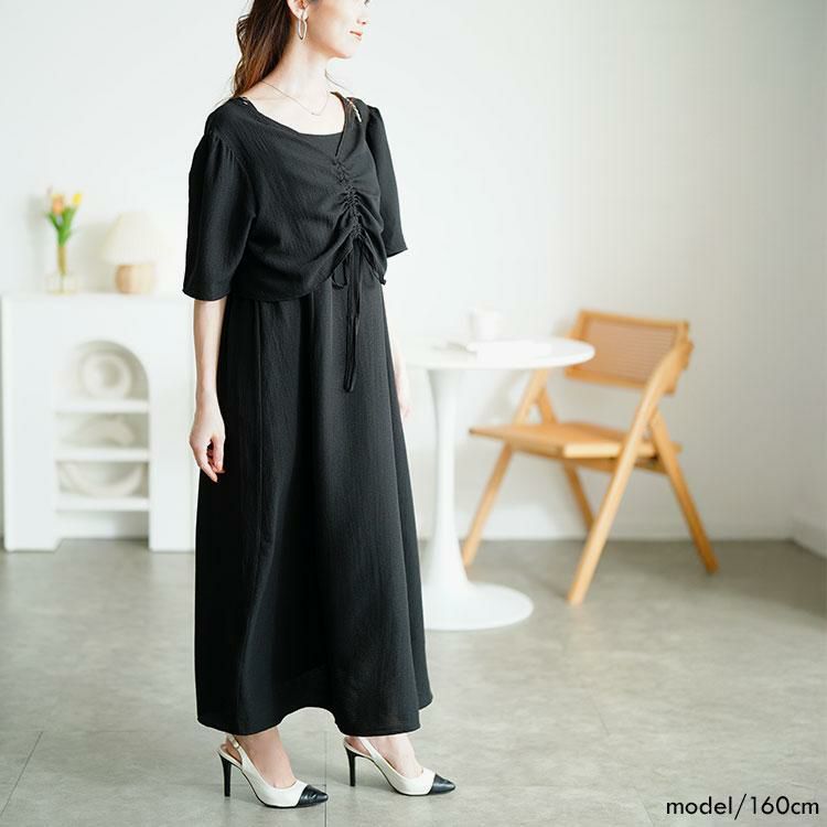 大きいサイズ レディース 前ドロストブラウス＆キャミワンピース2点セット　tani-36529ll ブラック