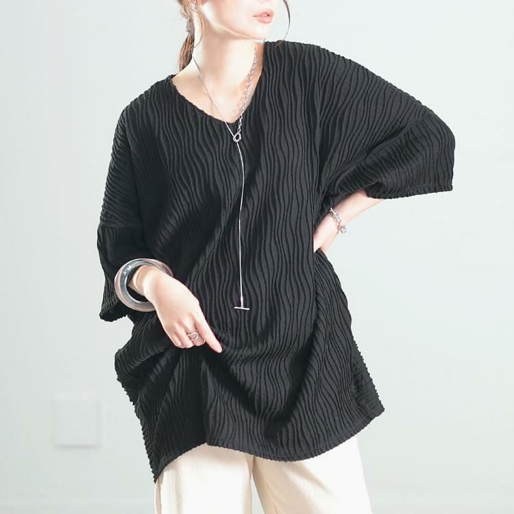 大きいサイズ レディース ウェーブストライプドルマンチュニック　maru-30142 ブラック