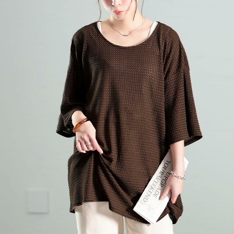 大きいサイズ レディース ダイヤ柄ジャガードビッグTシャツ　maru-30138 【メール便可】 ブラウン