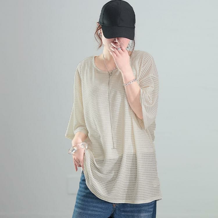 大きいサイズ レディース ダイヤ柄ジャガードビッグTシャツ　maru-30138 【メール便可】 オフホワイト