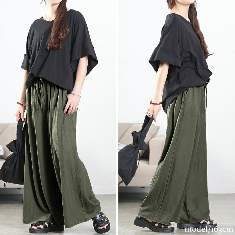 大きいサイズ レディース UVカット＆接触冷感ストレッチ鹿の子ワイドフレアパンツ　map-41 【メール便可】