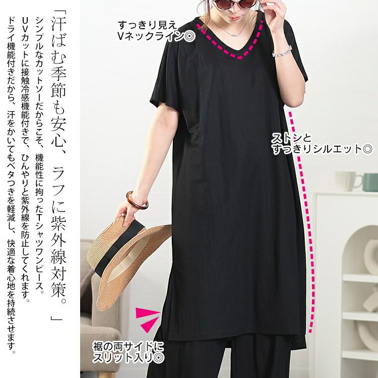 大きいサイズ レディース UVカット＆接触冷感ストレッチ鹿の子サイドスリットワンピース　map-40 【メール便可】