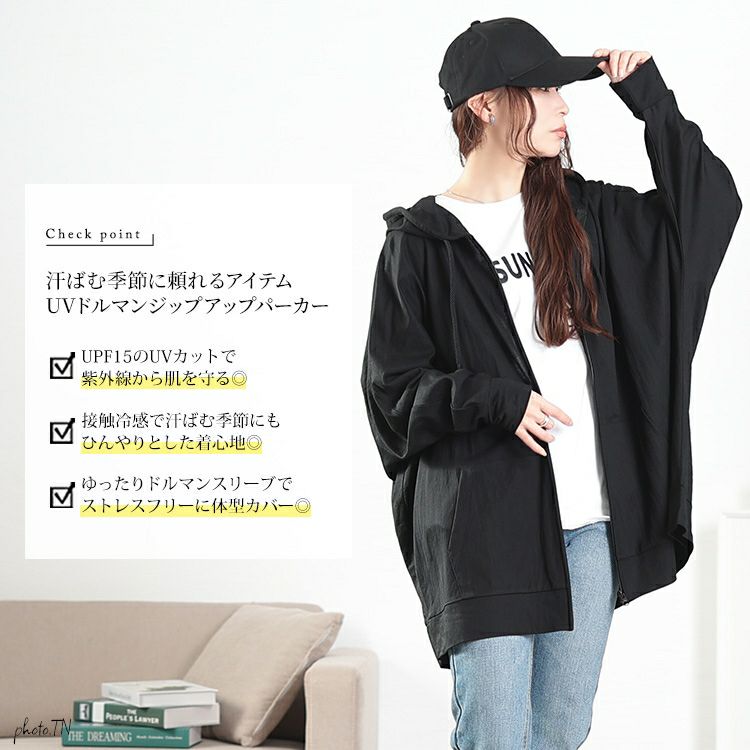 大きいサイズ レディース UVカット＆接触冷感ストレッチ鹿の子ドルマンZIPパーカー　map-37