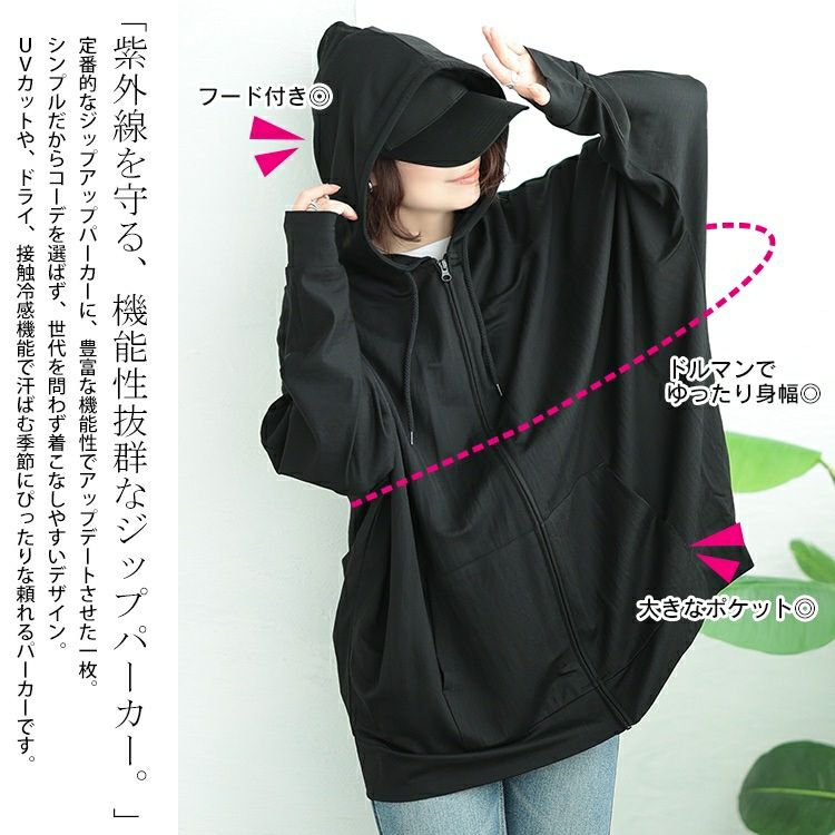 大きいサイズ レディース UVカット＆接触冷感ストレッチ鹿の子ドルマンZIPパーカー　map-37