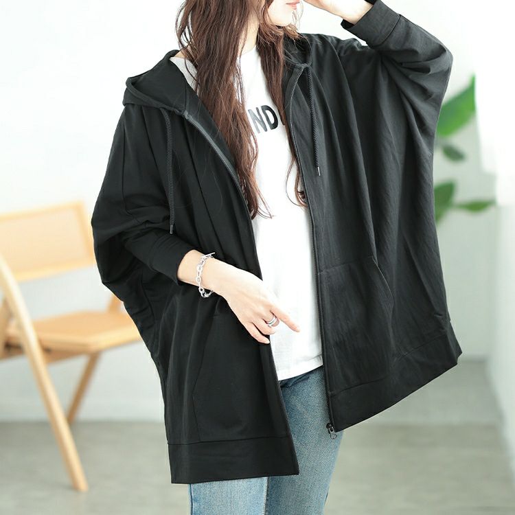 大きいサイズ レディース UVカット＆接触冷感ストレッチ鹿の子ドルマンZIPパーカー　map-37