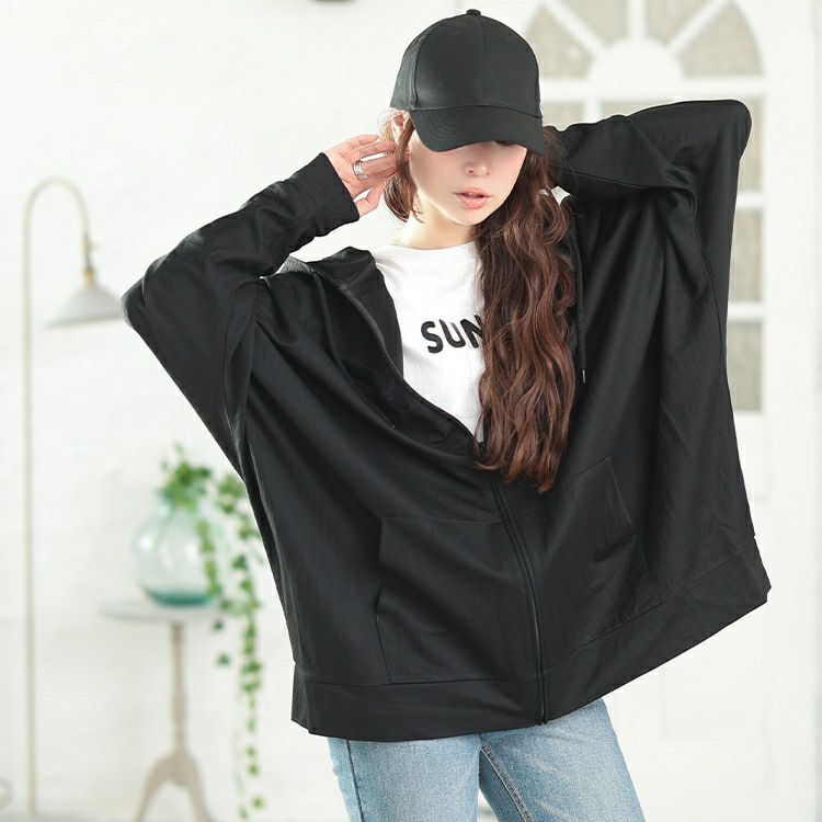 大きいサイズ レディース UVカット＆接触冷感ストレッチ鹿の子ドルマンZIPパーカー　map-37