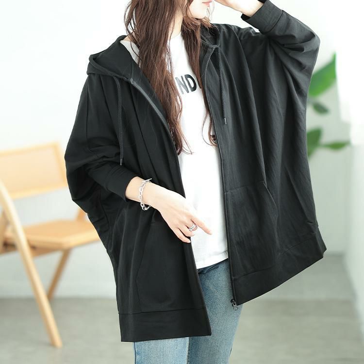 大きいサイズ レディース UVカット＆接触冷感ストレッチ鹿の子ドルマンZIPパーカー　map-37 ブラック