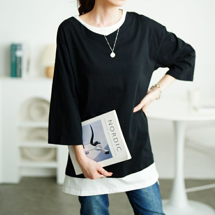 大きいサイズ レディース 裾スリット重ね着風コットンカットソー　cpdai-659643 【メール便可】