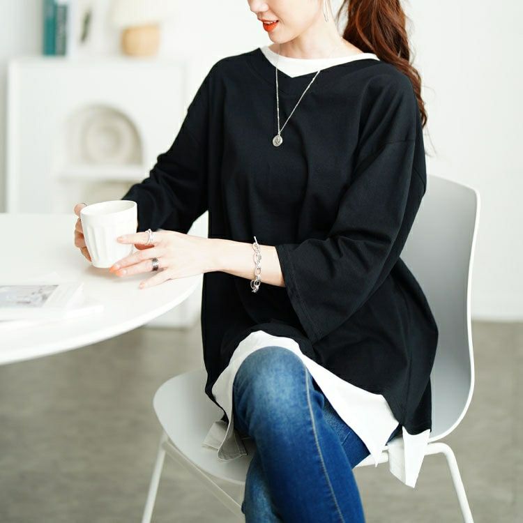 大きいサイズ レディース 裾スリット重ね着風コットンカットソー　cpdai-659643 【メール便可】