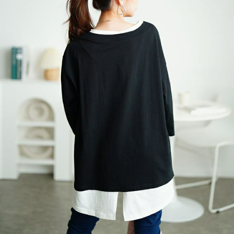 大きいサイズ レディース 裾スリット重ね着風コットンカットソー　cpdai-659643 【メール便可】