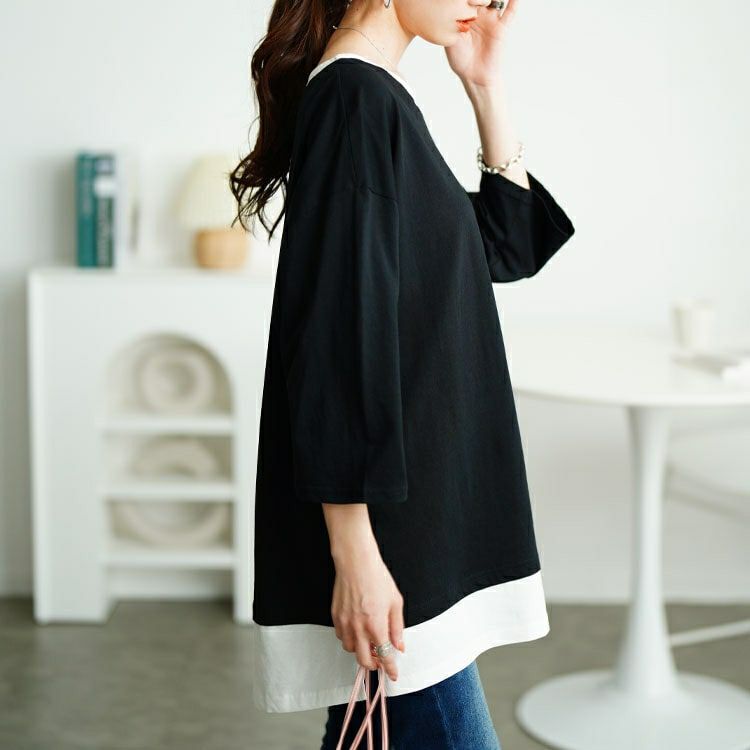 大きいサイズ レディース 裾スリット重ね着風コットンカットソー　cpdai-659643 【メール便可】