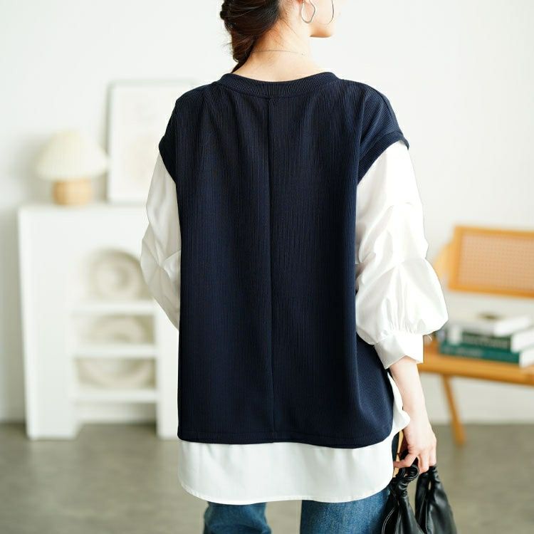 大きいサイズ レディース タックスリーブフェイクベストプルオーバー　cpdai-659657