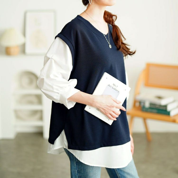 大きいサイズ レディース タックスリーブフェイクベストプルオーバー　cpdai-659657