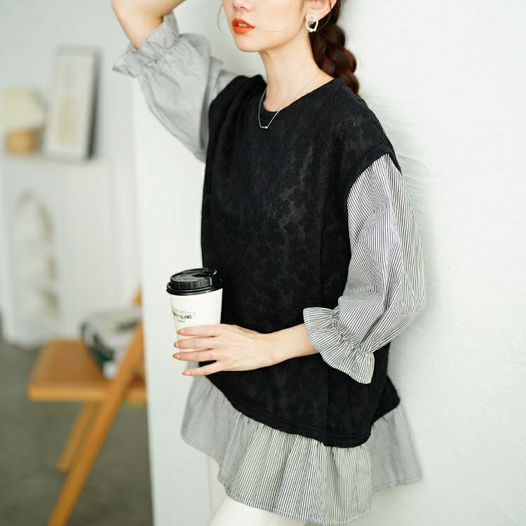 大きいサイズ レディース 花柄ジャガードフェイクベストプルオーバー　cpdai-659656 【メール便可】