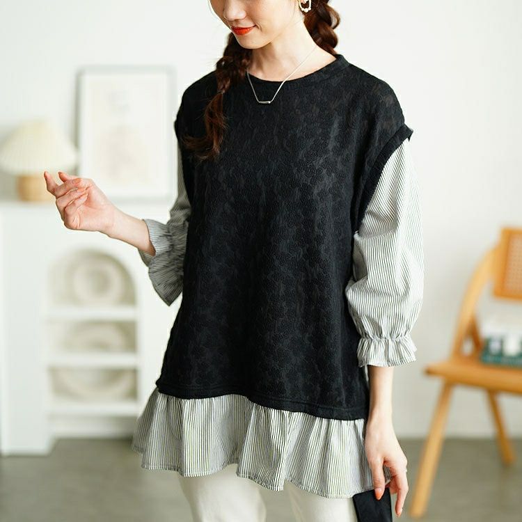 大きいサイズ レディース 花柄ジャガードフェイクベストプルオーバー　cpdai-659656 【メール便可】