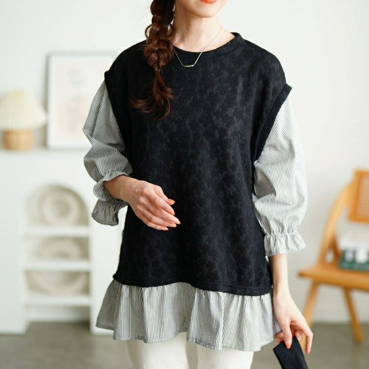 大きいサイズ レディース 花柄ジャガードフェイクベストプルオーバー　cpdai-659656 【メール便可】