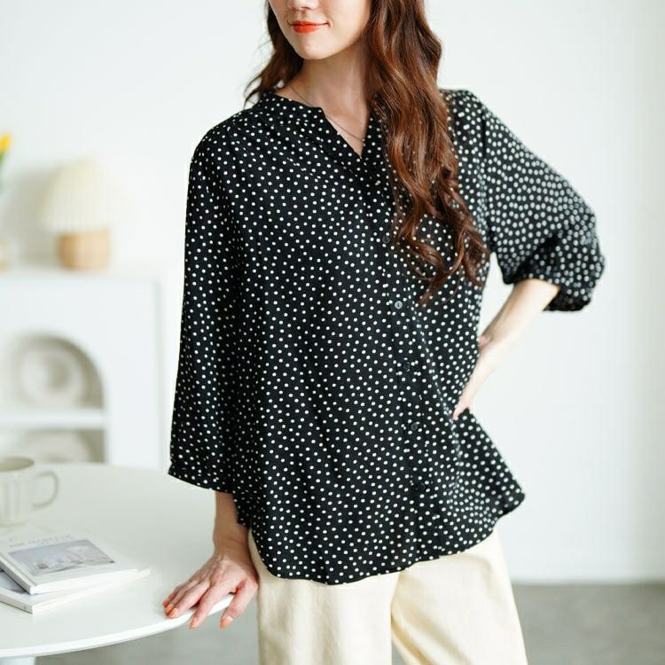 大きいサイズ レディース ドット柄ギャザーブラウス　cpdai-640725 【メール便可】