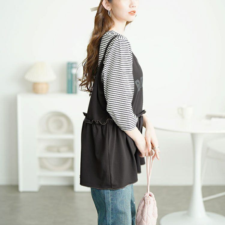 大きいサイズ レディース メロウペプラムロゴビスチェ＆ボーダーTシャツ2点セット　cpdai-659639 【メール便可】