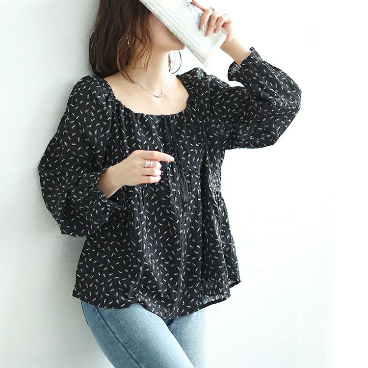 大きいサイズ レディース リボンシャーリング花柄ブラウス　goldy-1659 【メール便可】