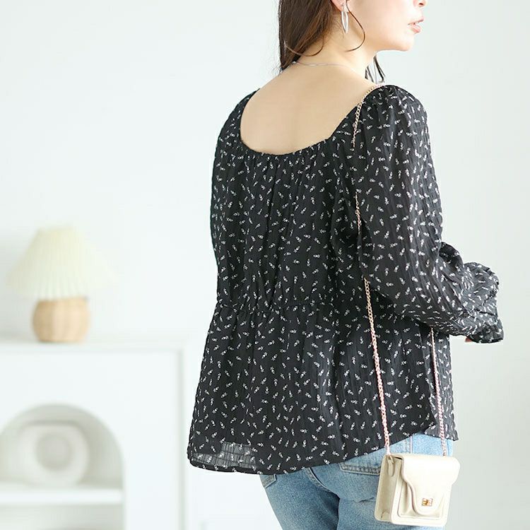 大きいサイズ レディース リボンシャーリング花柄ブラウス　goldy-1659 【メール便可】