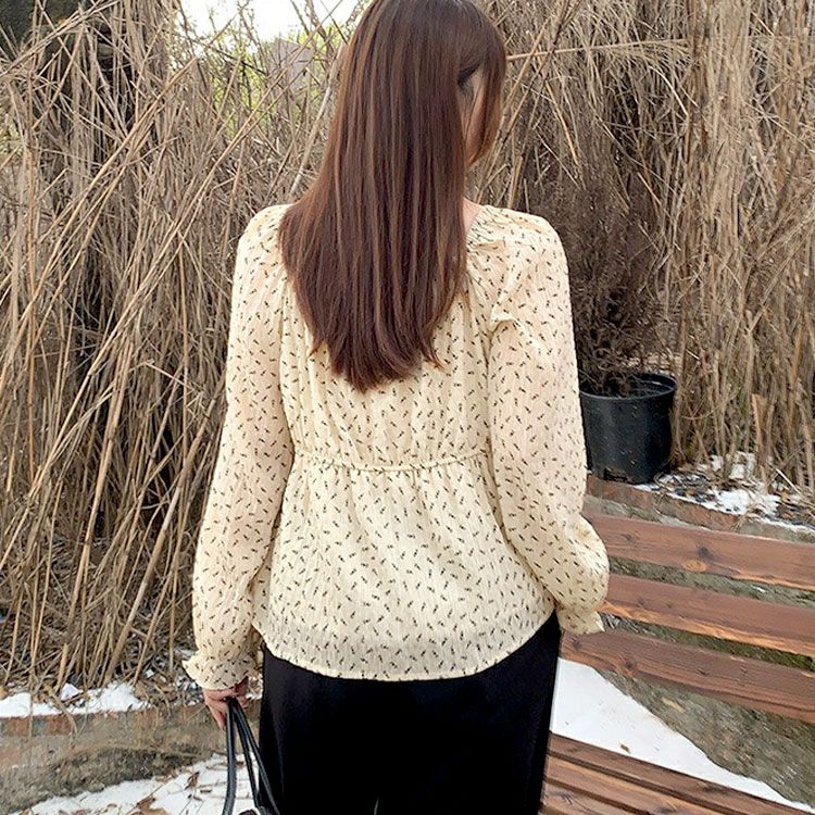 大きいサイズ レディース リボンシャーリング花柄ブラウス　goldy-1659 【メール便可】