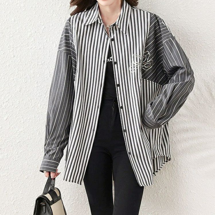 大きいサイズ レディース リボンモチーフ付きランダムストライプシャツ　goldy-1658 【メール便可】