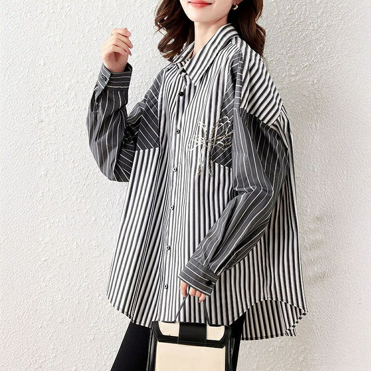 大きいサイズ レディース リボンモチーフ付きランダムストライプシャツ　goldy-1658 【メール便可】