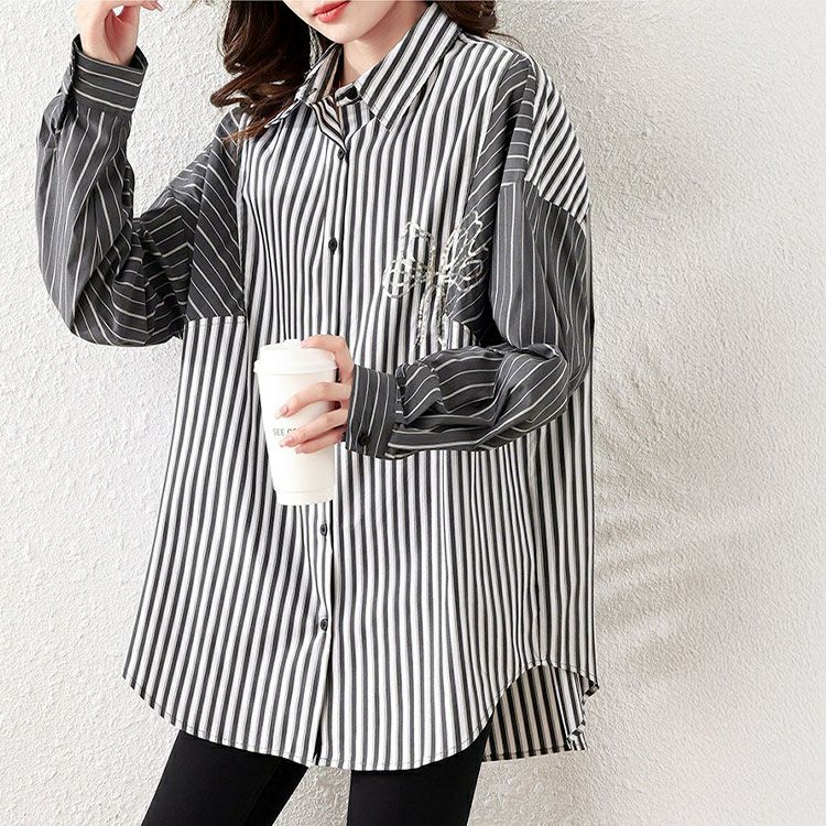 大きいサイズ レディース リボンモチーフ付きランダムストライプシャツ　goldy-1658 【メール便可】