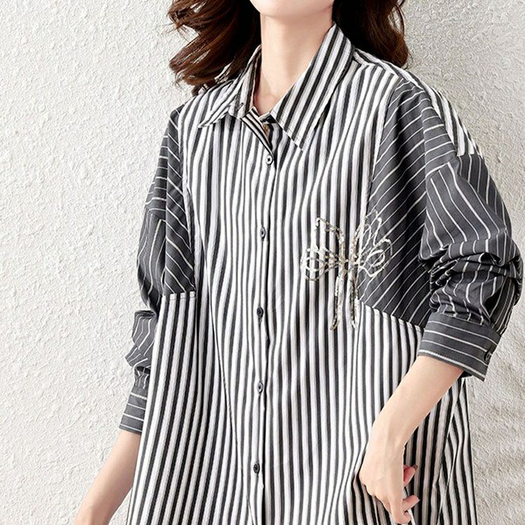 大きいサイズ レディース リボンモチーフ付きランダムストライプシャツ　goldy-1658 【メール便可】