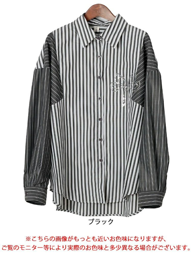 大きいサイズ レディース リボンモチーフ付きランダムストライプシャツ　goldy-1658 【メール便可】