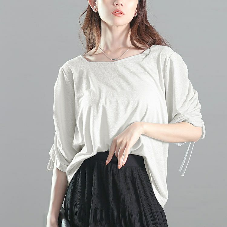 大きいサイズ レディース ダイヤモンドネック袖ドロストラメプルオーバー　fem-576【メール便可】