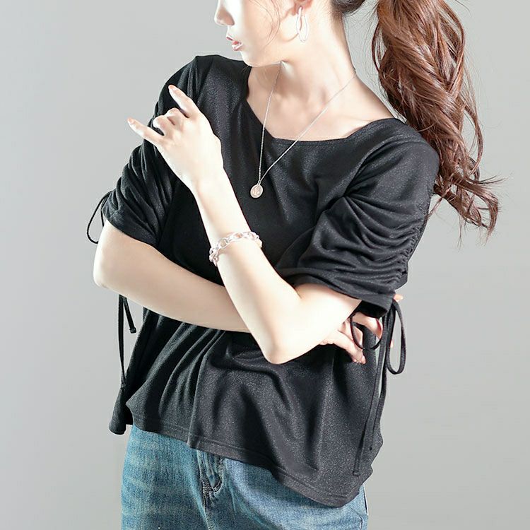 大きいサイズ レディース ダイヤモンドネック袖ドロストラメプルオーバー　fem-576【メール便可】