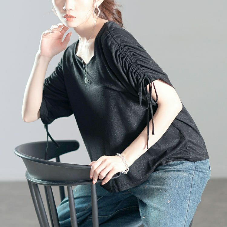 大きいサイズ レディース ダイヤモンドネック袖ドロストラメプルオーバー　fem-576【メール便可】