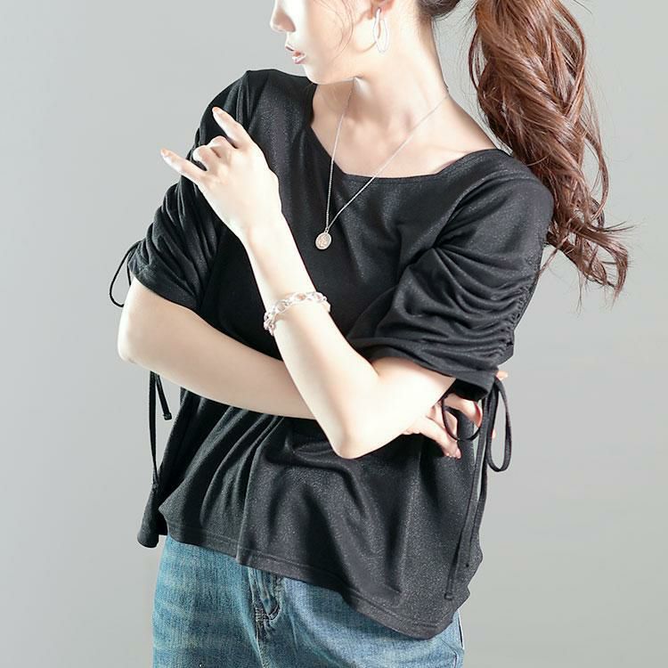 大きいサイズ レディース ダイヤモンドネック袖ドロストラメプルオーバー　fem-576【メール便可】 ブラック