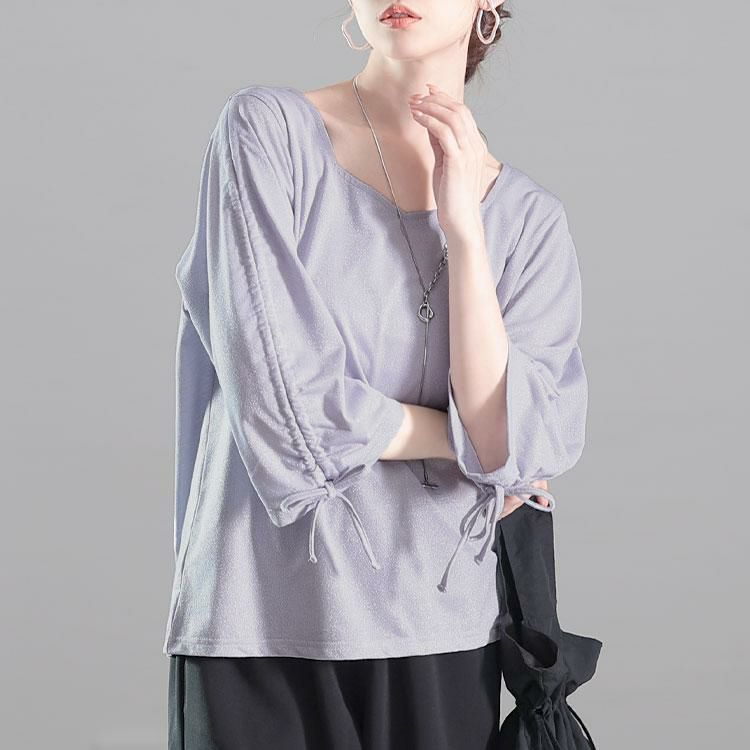 大きいサイズ レディース ダイヤモンドネック袖ドロストラメプルオーバー　fem-576【メール便可】 パープル