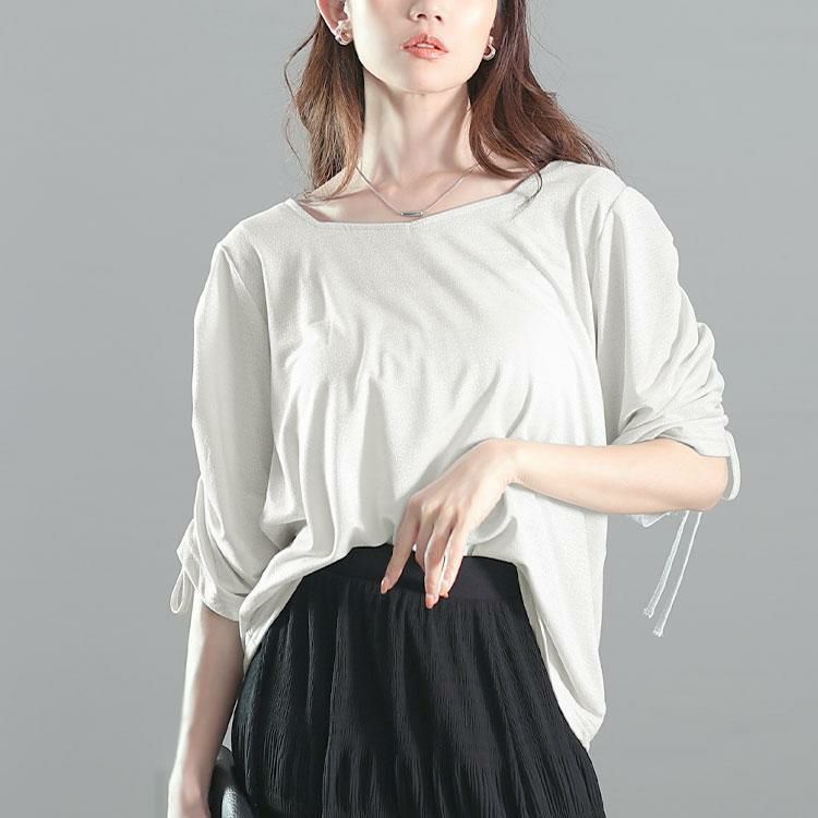 大きいサイズ レディース ダイヤモンドネック袖ドロストラメプルオーバー　fem-576【メール便可】 オフホワイト