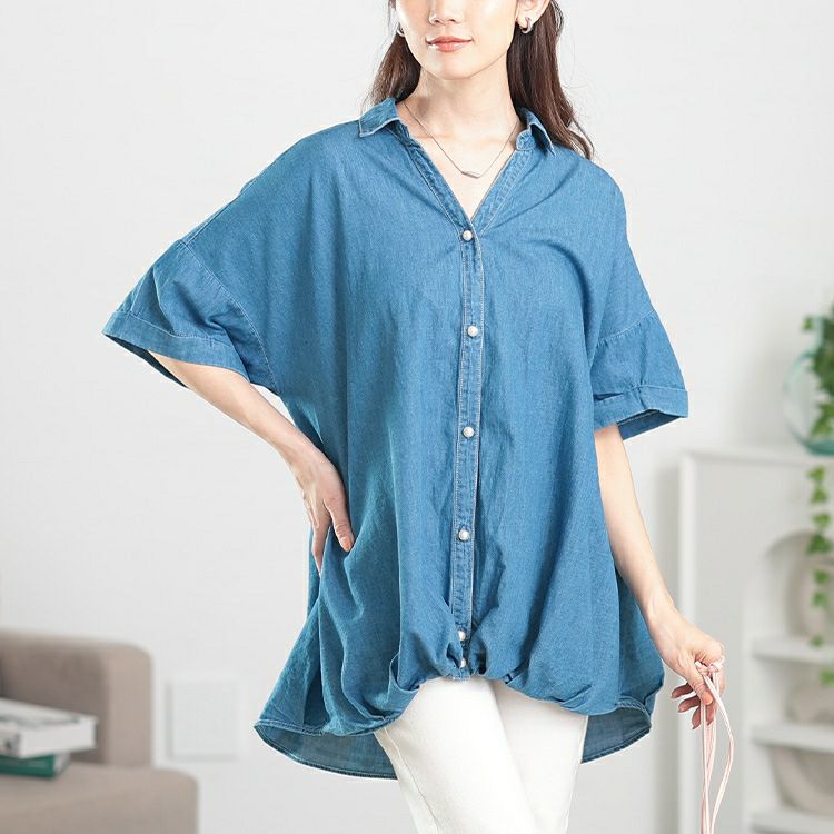 大きいサイズ レディース レースアップ裾タックコットンデニムシャツ　plan-381001【メール便可】