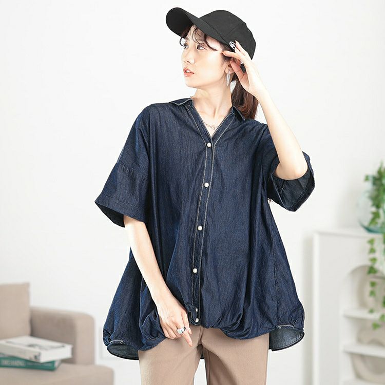 大きいサイズ レディース レースアップ裾タックコットンデニムシャツ　plan-381001【メール便可】