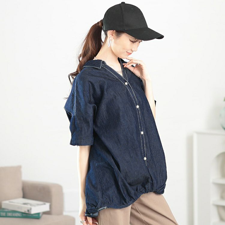 大きいサイズ レディース レースアップ裾タックコットンデニムシャツ　plan-381001【メール便可】