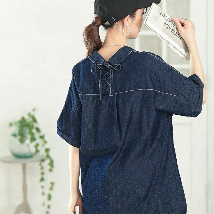 大きいサイズ レディース レースアップ裾タックコットンデニムシャツ　plan-381001【メール便可】