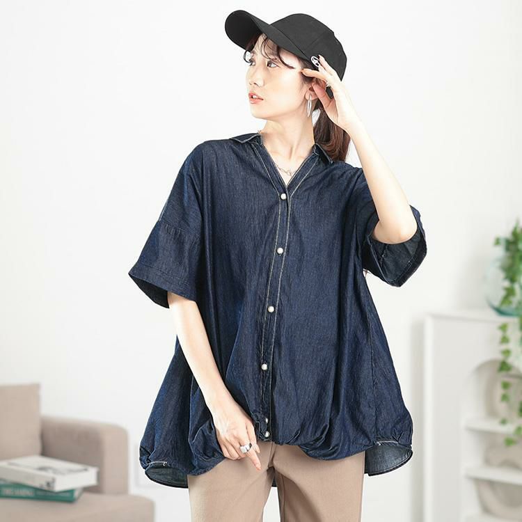 大きいサイズ レディース レースアップ裾タックコットンデニムシャツ　plan-381001【メール便可】 ネイビー