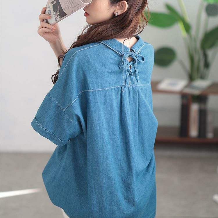 大きいサイズ レディース レースアップ裾タックコットンデニムシャツ　plan-381001【メール便可】 ブルー