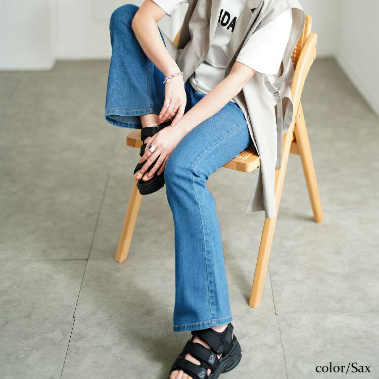 大きいサイズ レディース 接触冷感プルオンフレアデニムパンツ　tkb-141585303